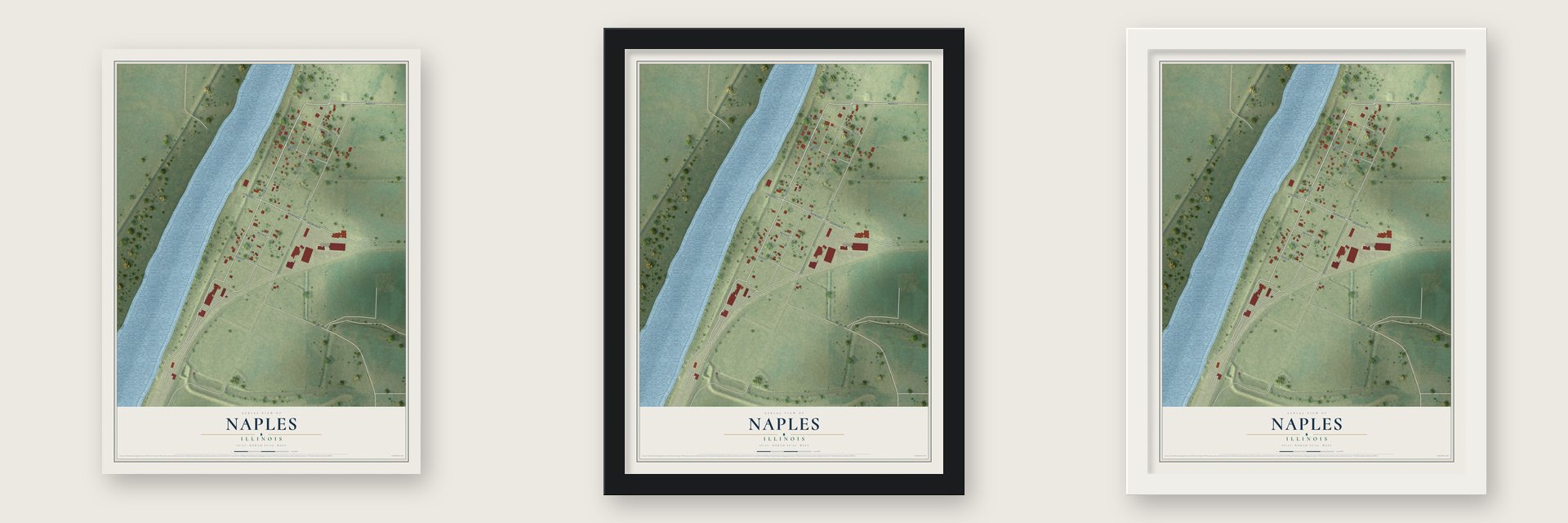 Naples, Illinois map unframed, in a black wood frame and in a white wood frame