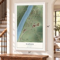 Naples, Illinois map, 24 x 36 inch print in a white frame by a staircase