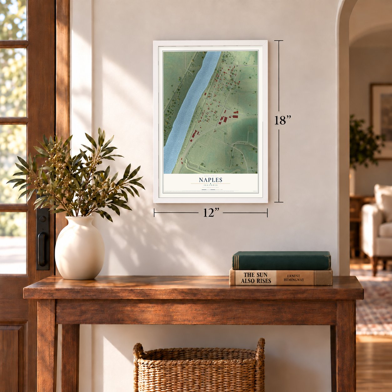 Naples, Illinois map, 12 x 18 inch print in a white frame in an entryway