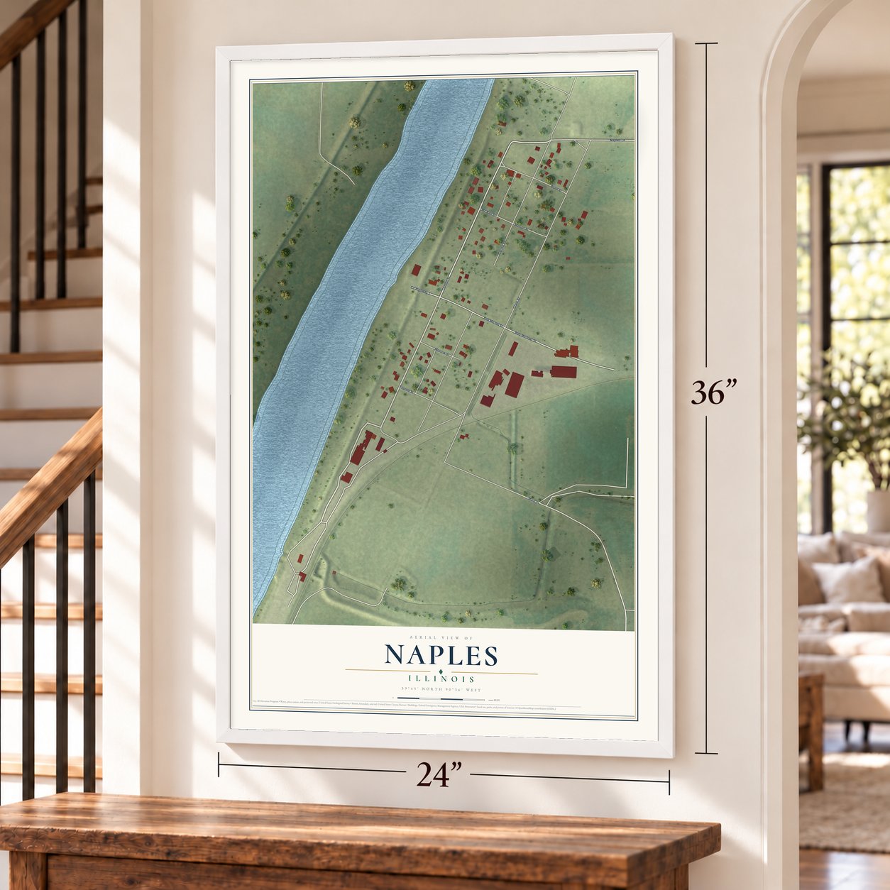 Naples, Illinois map, 24 x 36 inch print in a white frame by a staircase