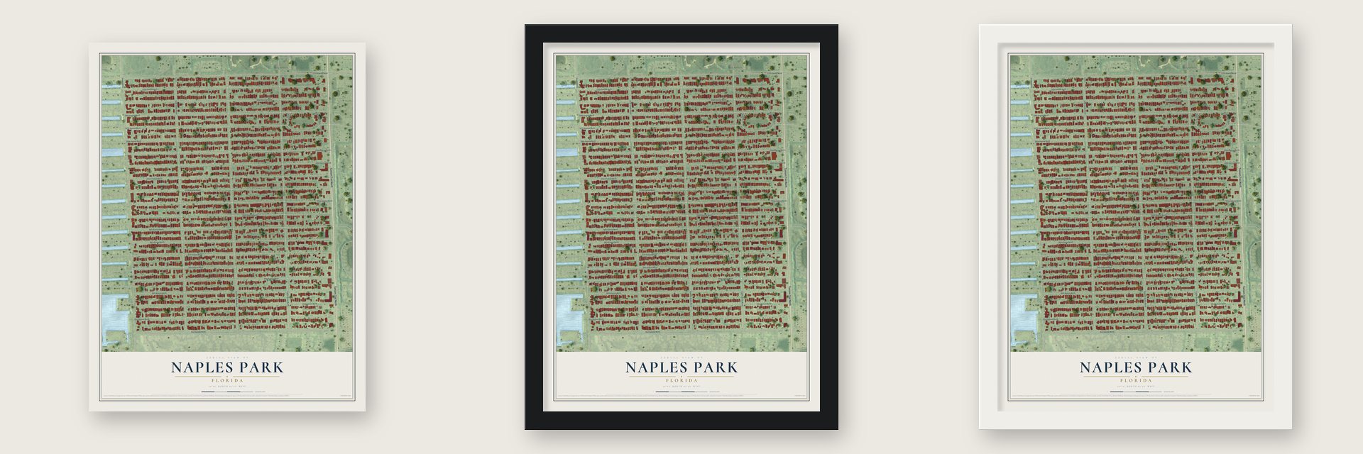 Naples Park, Florida map unframed, in a black wood frame and in a white wood frame