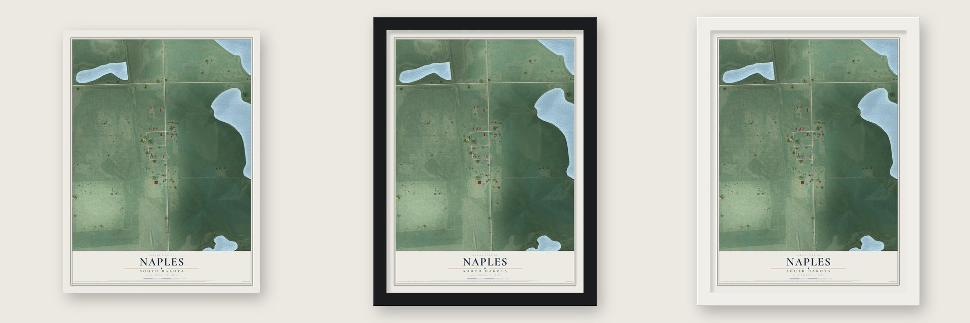 Naples, South Dakota map unframed, in a black wood frame and in a white wood frame