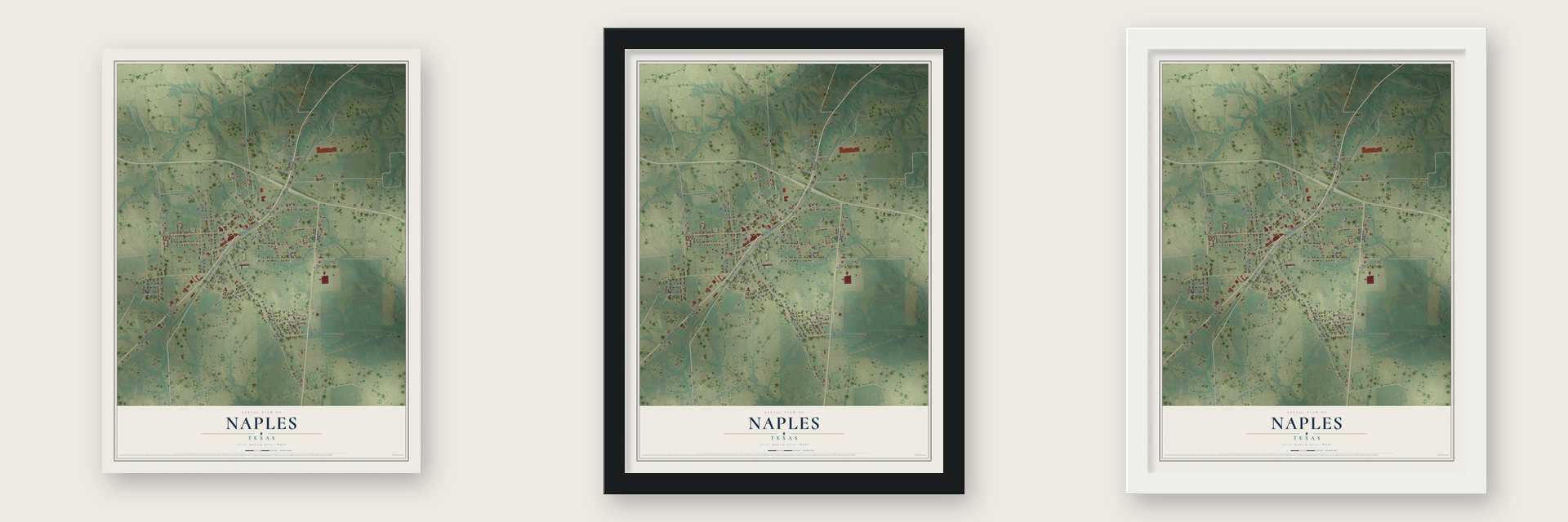 Naples, Texas map unframed, in a black wood frame and in a white wood frame