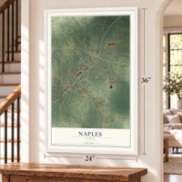 Naples, Texas map, 24 x 36 inch print in a white frame by a staircase