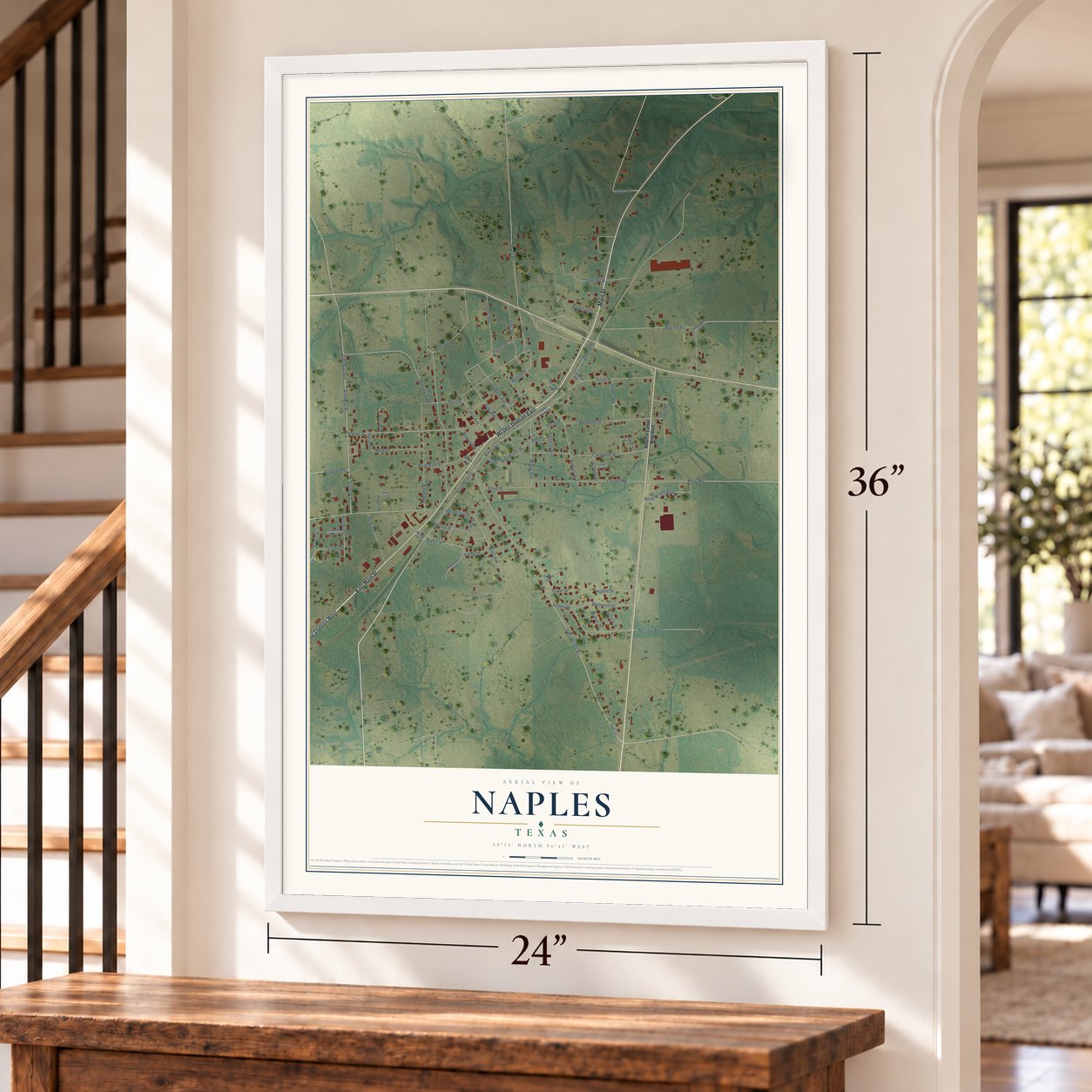 Naples, Texas map, 24 x 36 inch print in a white frame by a staircase