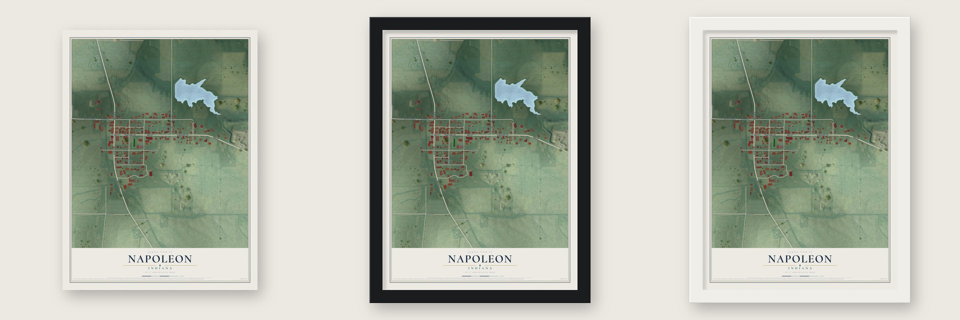 Napoleon, Indiana map unframed, in a black wood frame and in a white wood frame