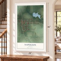 Napoleon, Indiana map, 24 x 36 inch print in a white frame by a staircase