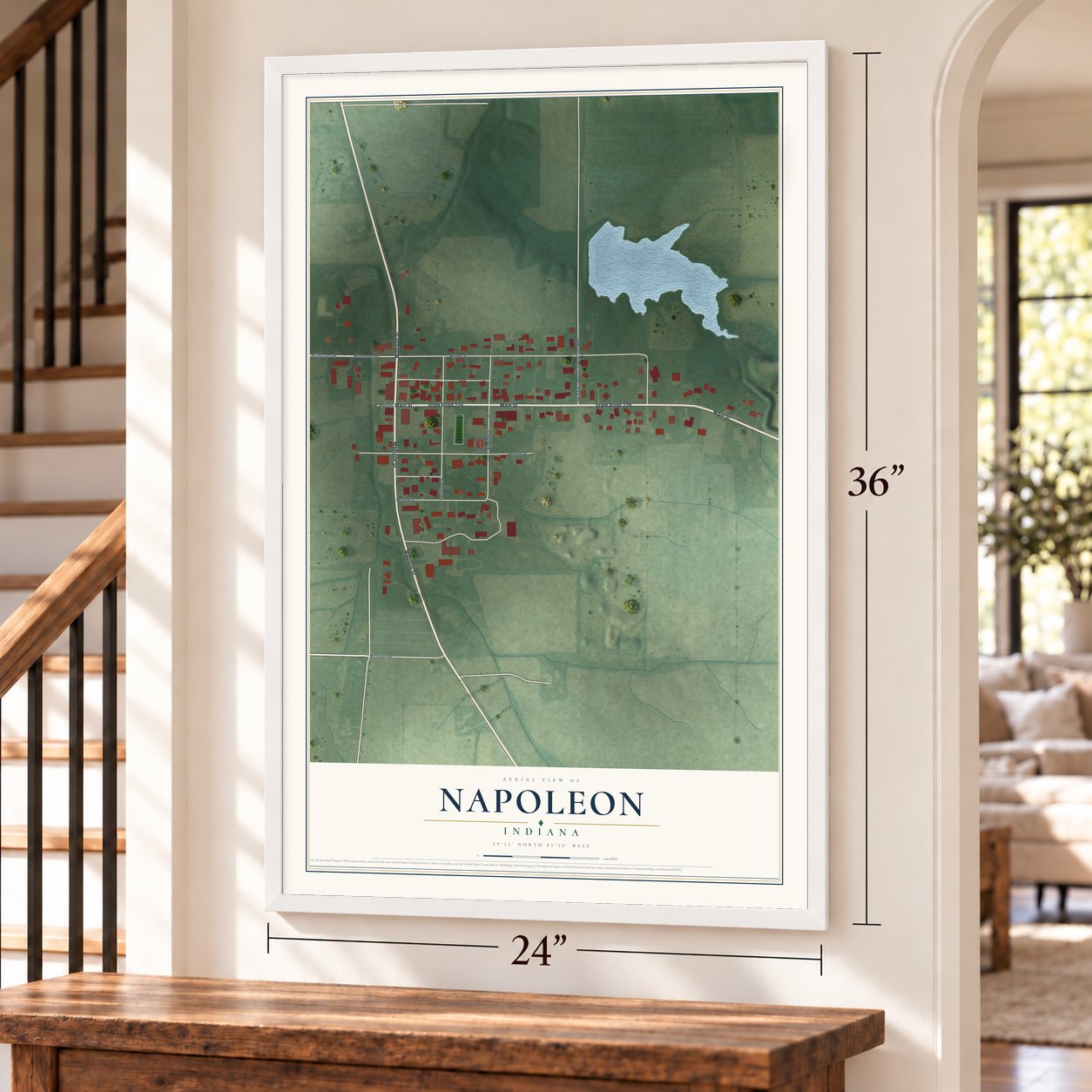 Napoleon, Indiana map, 24 x 36 inch print in a white frame by a staircase