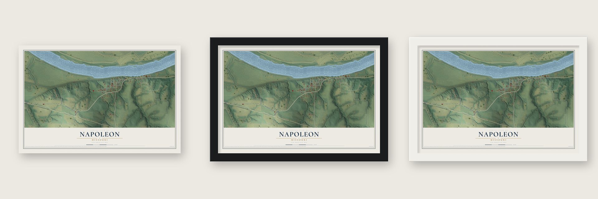 Napoleon, Missouri map unframed, in a black wood frame and in a white wood frame