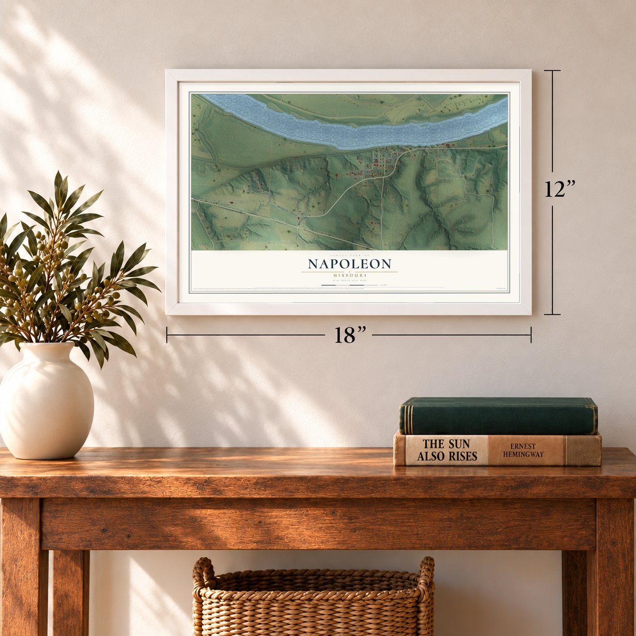Napoleon, Missouri map, 12 x 18 inch print in a white frame in an entryway