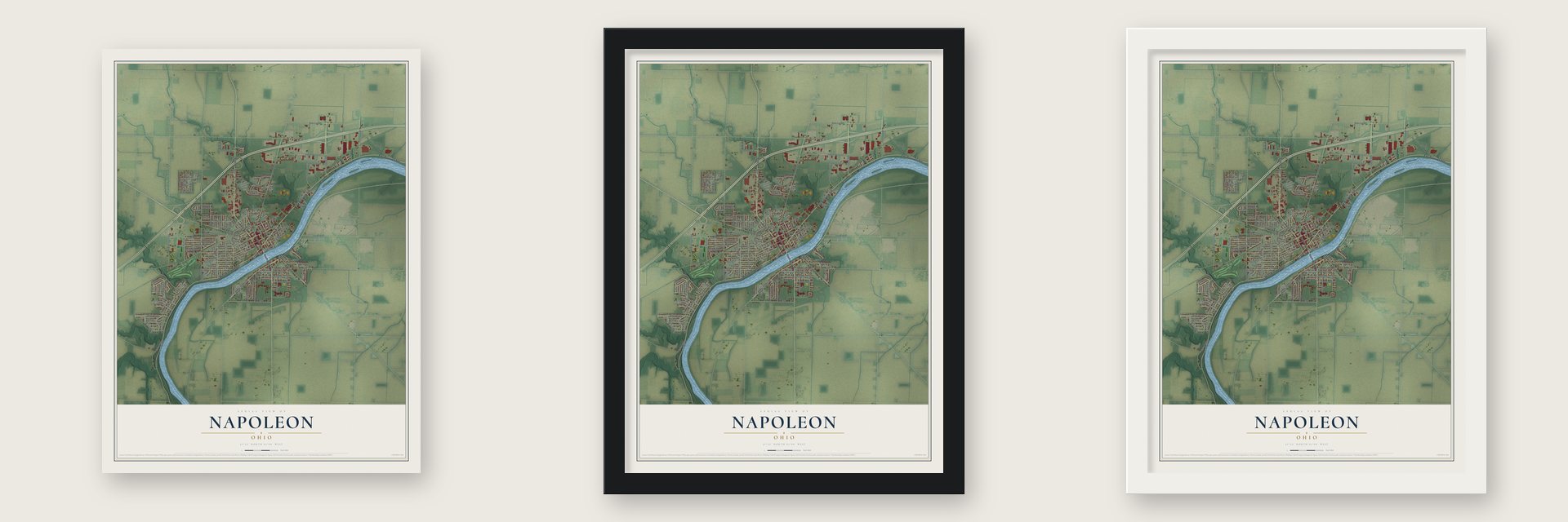 Napoleon, Ohio map unframed, in a black wood frame and in a white wood frame