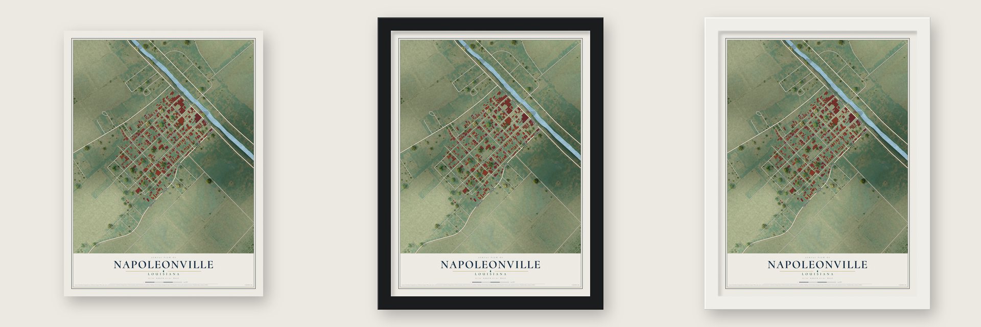 Napoleonville, Louisiana map unframed, in a black wood frame and in a white wood frame