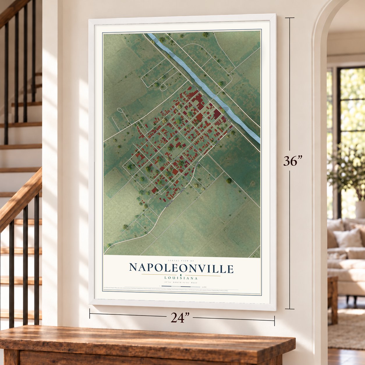 Napoleonville, Louisiana map, 24 x 36 inch print in a white frame by a staircase