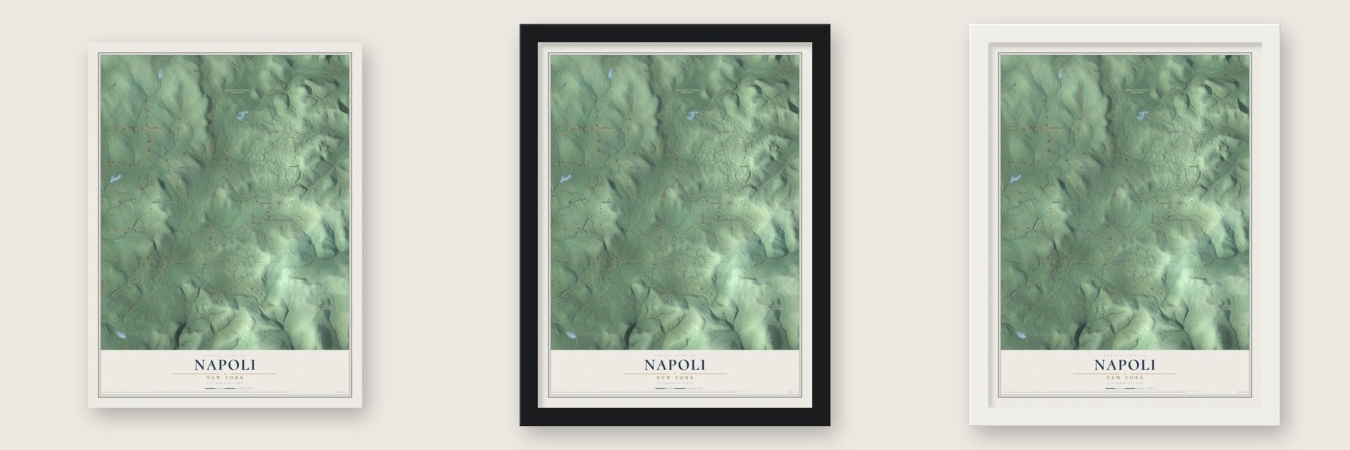 Napoli, New York map unframed, in a black wood frame and in a white wood frame