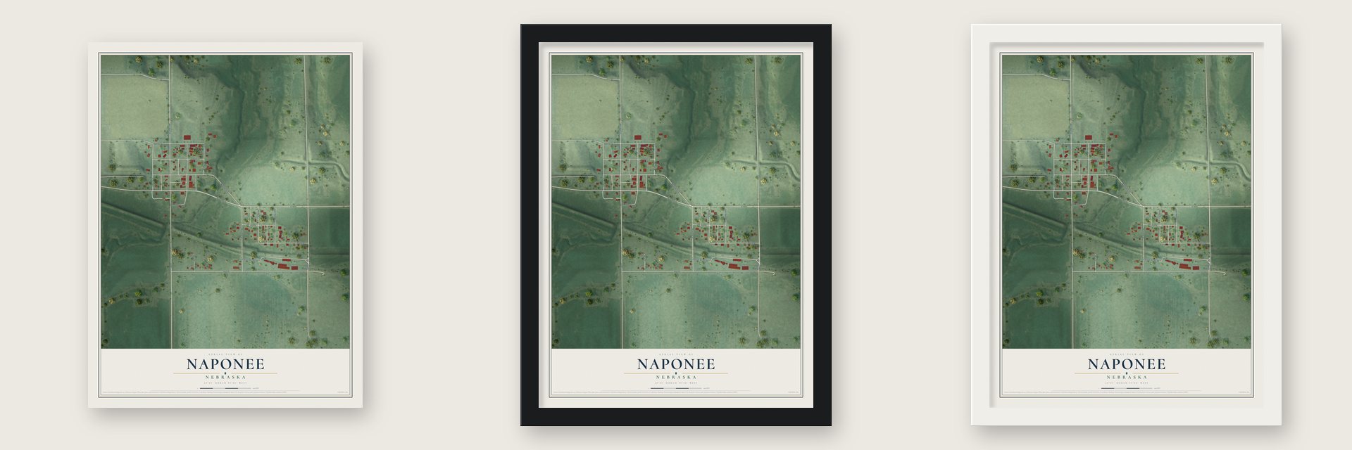 Naponee, Nebraska map unframed, in a black wood frame and in a white wood frame