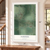 Naponee, Nebraska map, 24 x 36 inch print in a white frame by a staircase