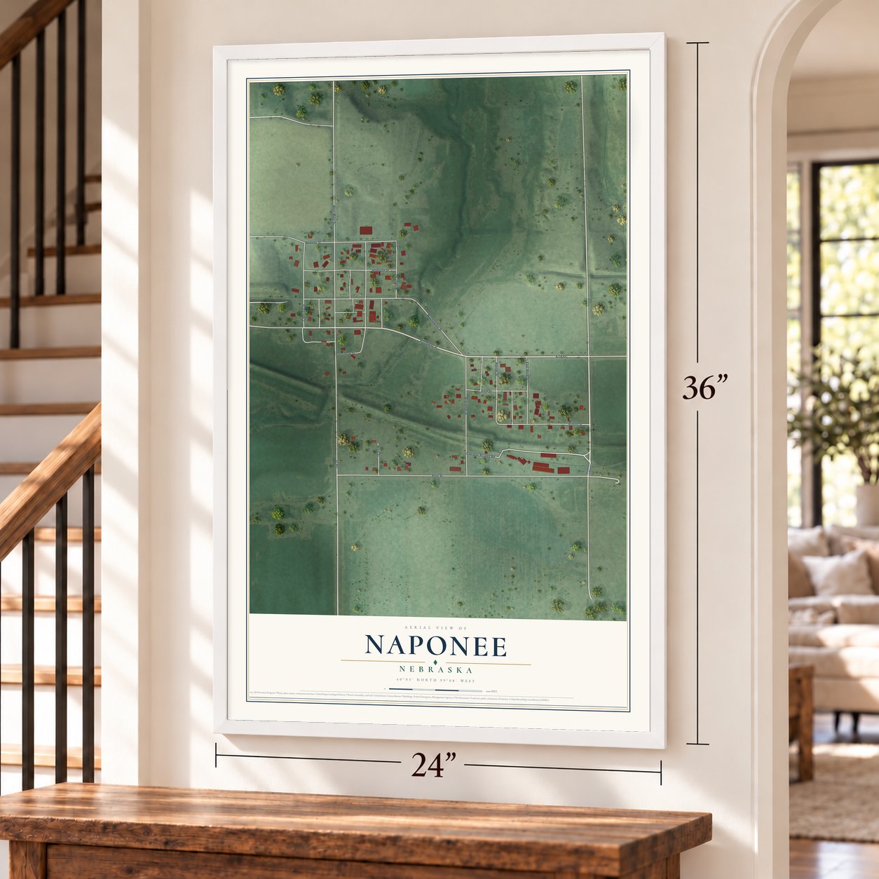 Naponee, Nebraska map, 24 x 36 inch print in a white frame by a staircase