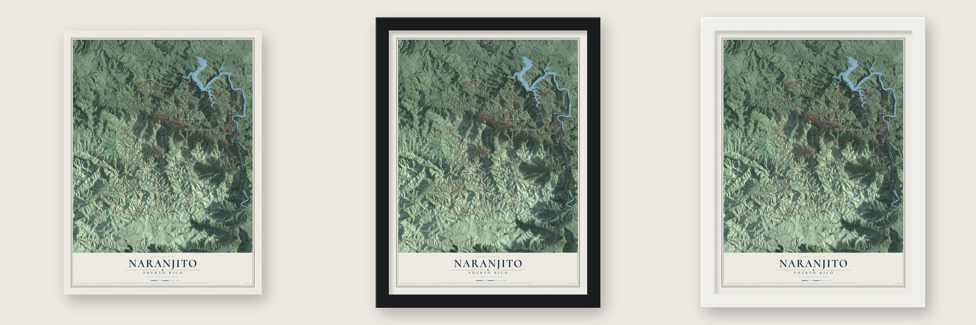 Naranjito, Puerto Rico map unframed, in a black wood frame and in a white wood frame