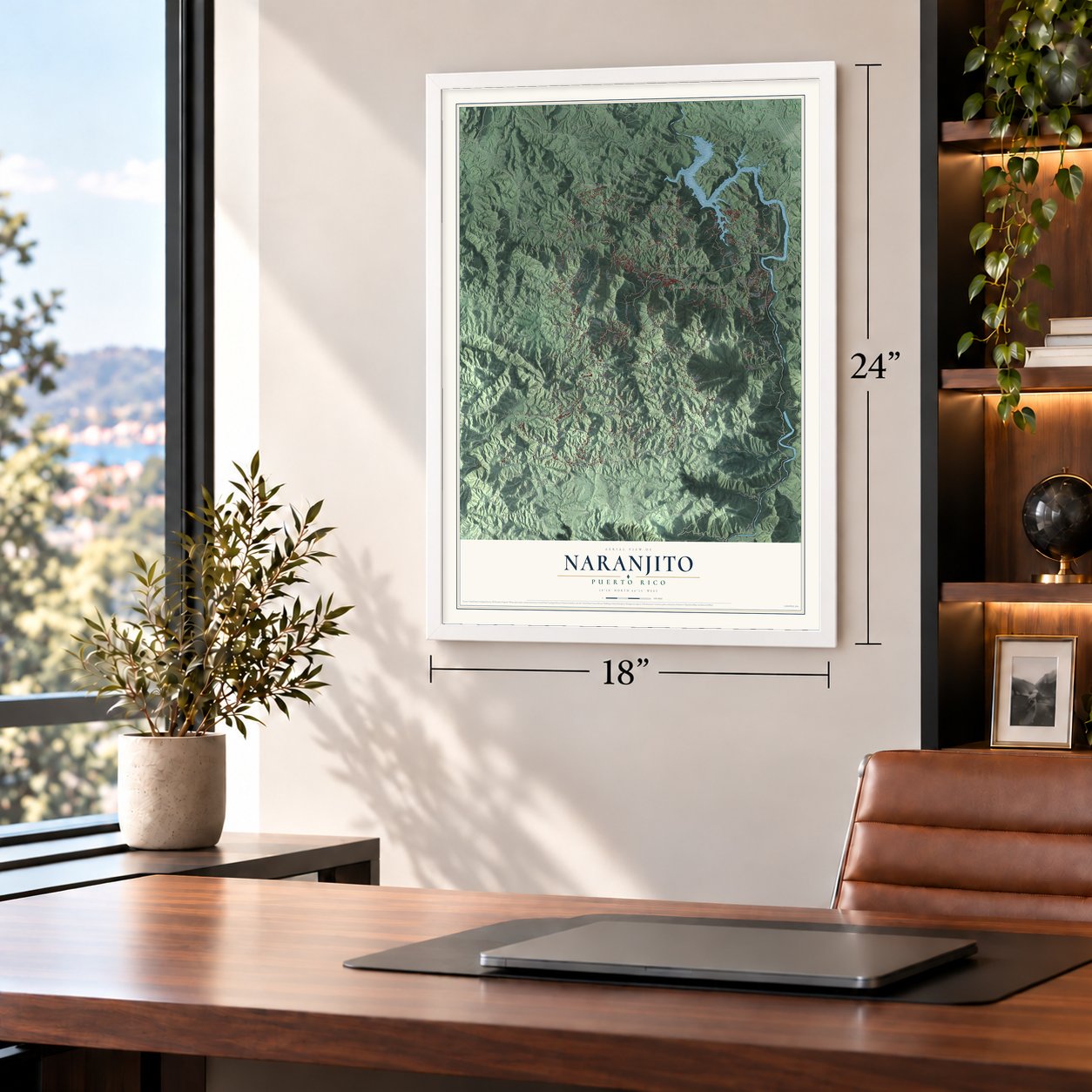 Naranjito, Puerto Rico map, 18 x 24 inch print in a white frame in a home office