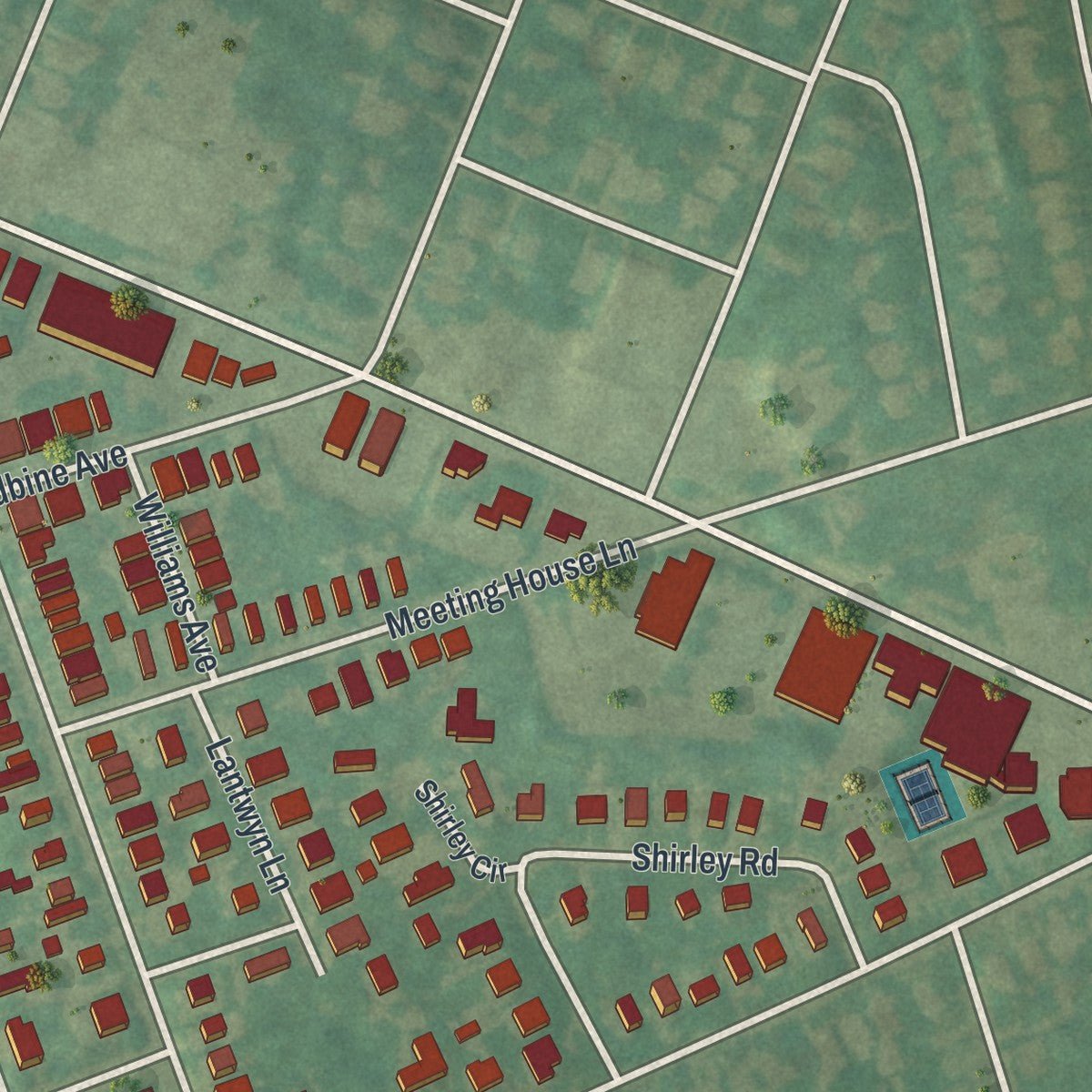 Second close-up of the map of Narberth, Pennsylvania print showing more streets and buildings
