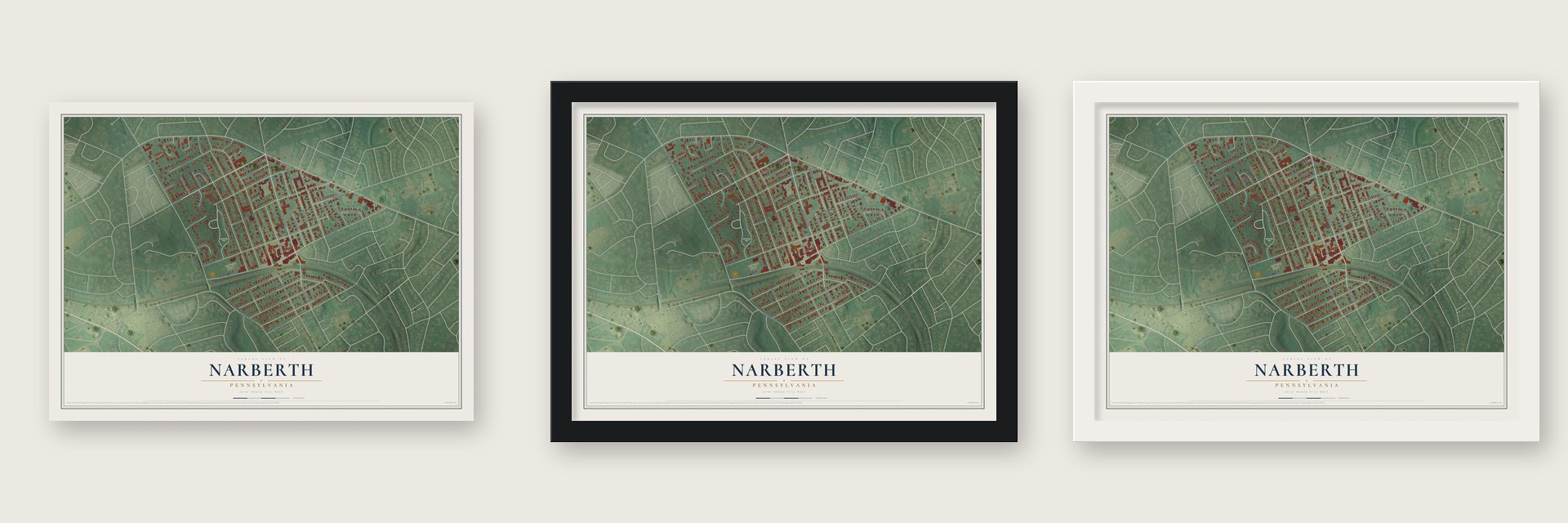 Narberth, Pennsylvania map unframed, in a black wood frame and in a white wood frame