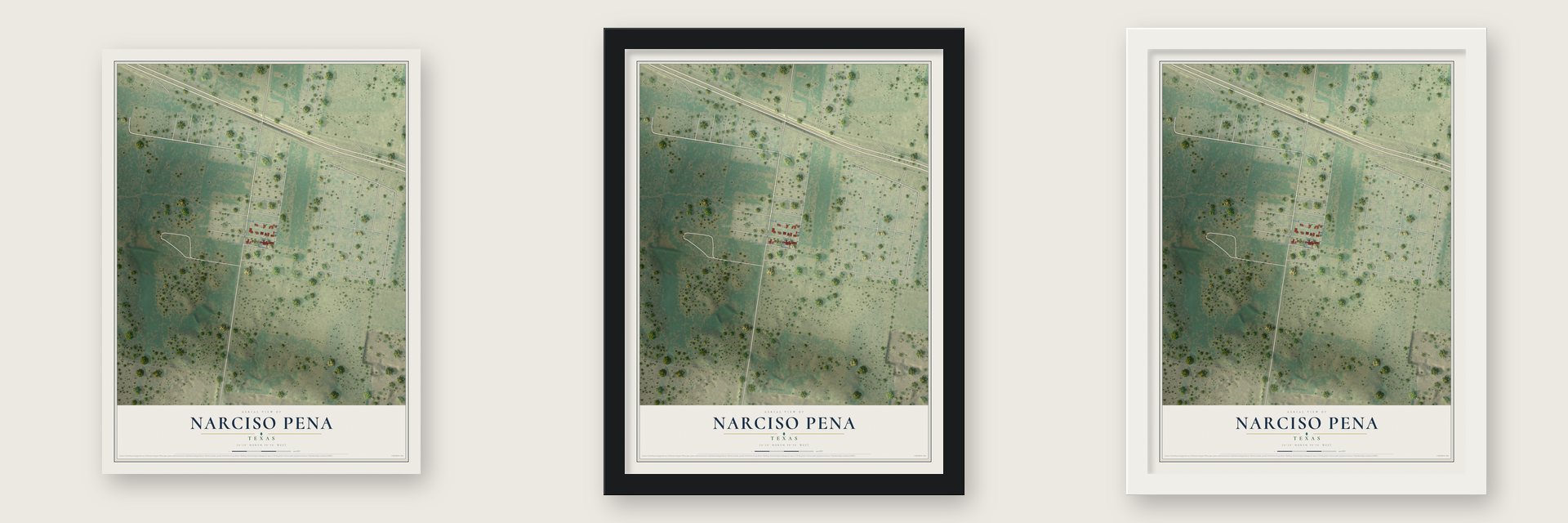 Narciso Pena, Texas map unframed, in a black wood frame and in a white wood frame