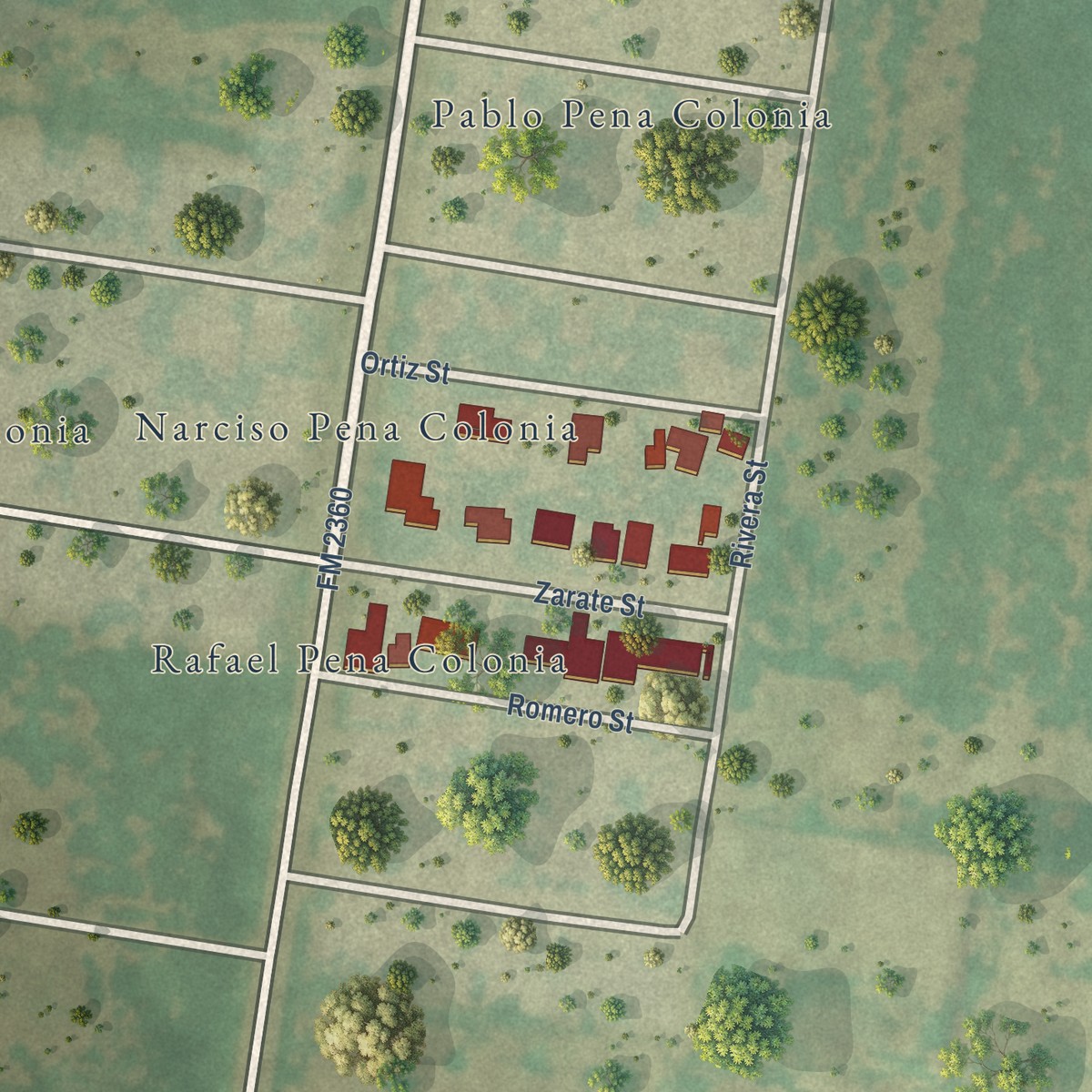 Second close-up of the map of Narciso Pena, Texas print showing more streets and buildings