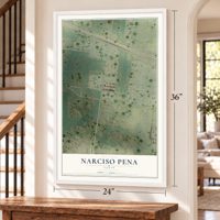Narciso Pena, Texas map, 24 x 36 inch print in a white frame by a staircase