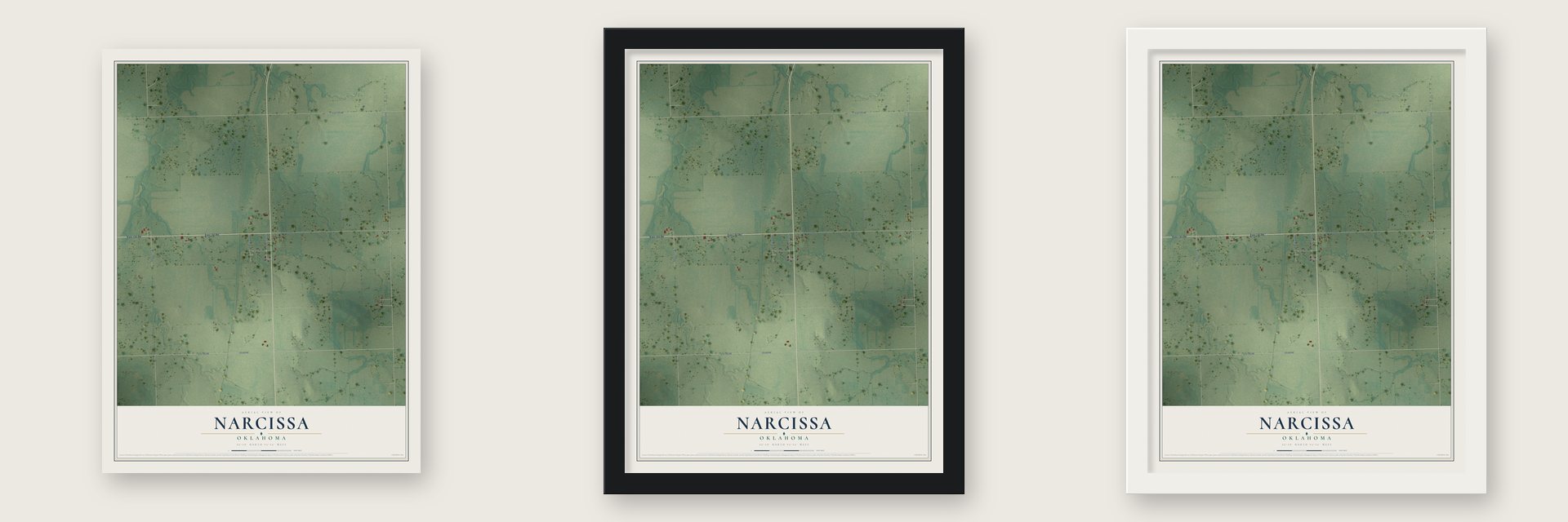 Narcissa, Oklahoma map unframed, in a black wood frame and in a white wood frame