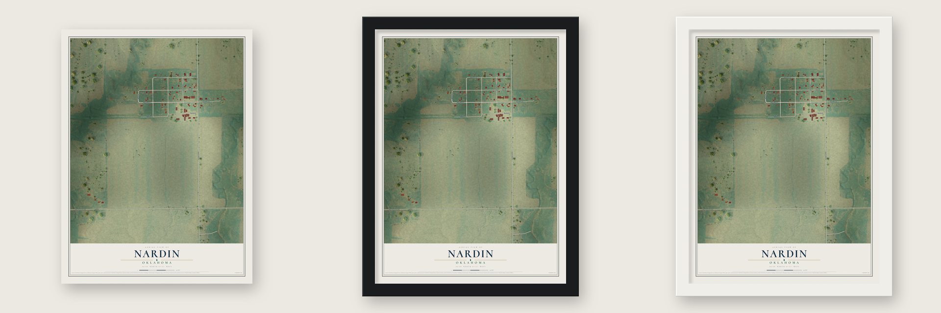 Nardin, Oklahoma map unframed, in a black wood frame and in a white wood frame