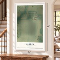 Nardin, Oklahoma map, 24 x 36 inch print in a white frame by a staircase