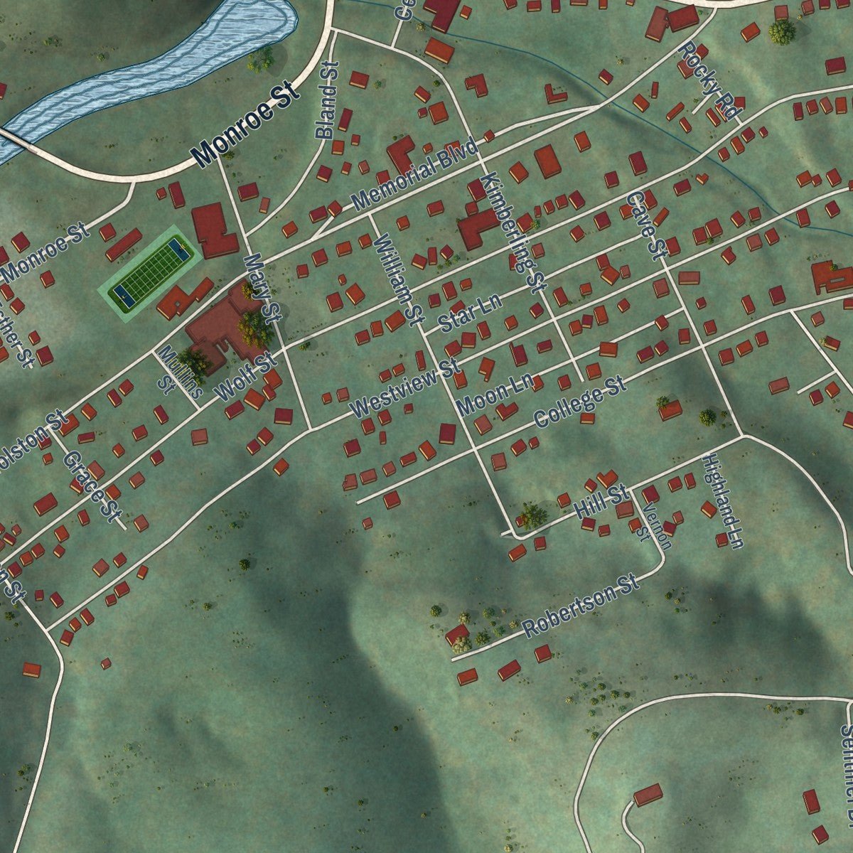 Second close-up of the map of Narrows, Virginia print showing more streets and buildings