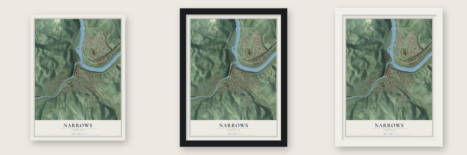 Narrows, Virginia map unframed, in a black wood frame and in a white wood frame