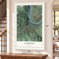 Narrows, Virginia map, 24 x 36 inch print in a white frame by a staircase