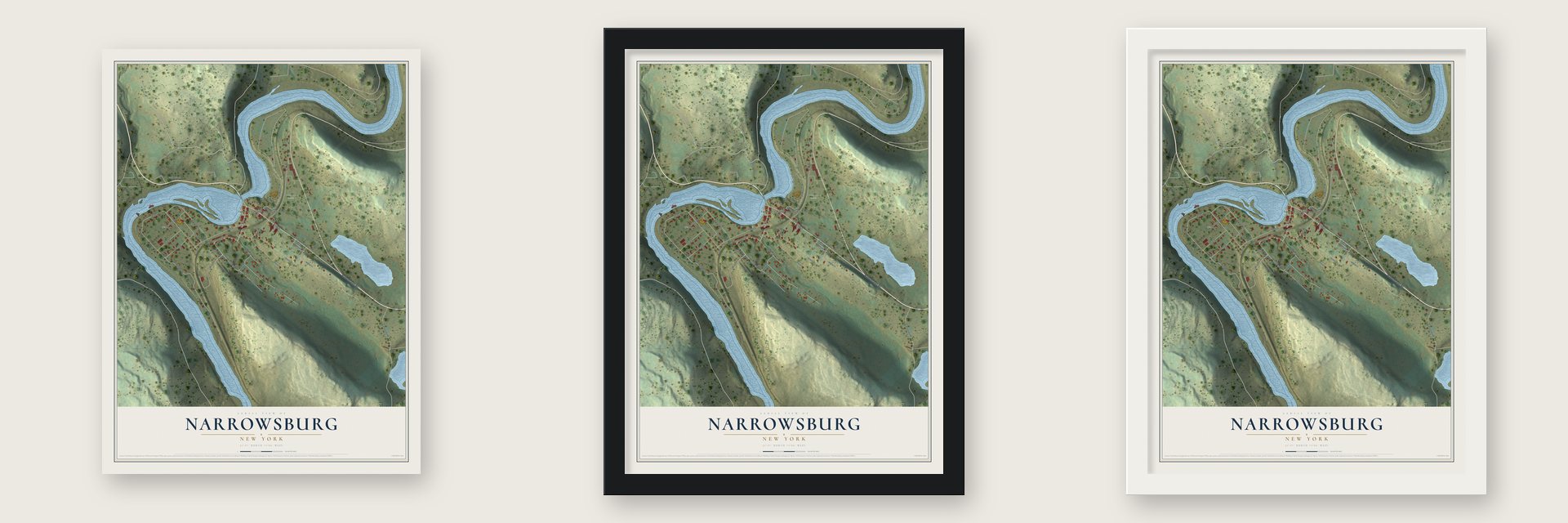 Narrowsburg, New York map unframed, in a black wood frame and in a white wood frame