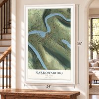 Narrowsburg, New York map, 24 x 36 inch print in a white frame by a staircase