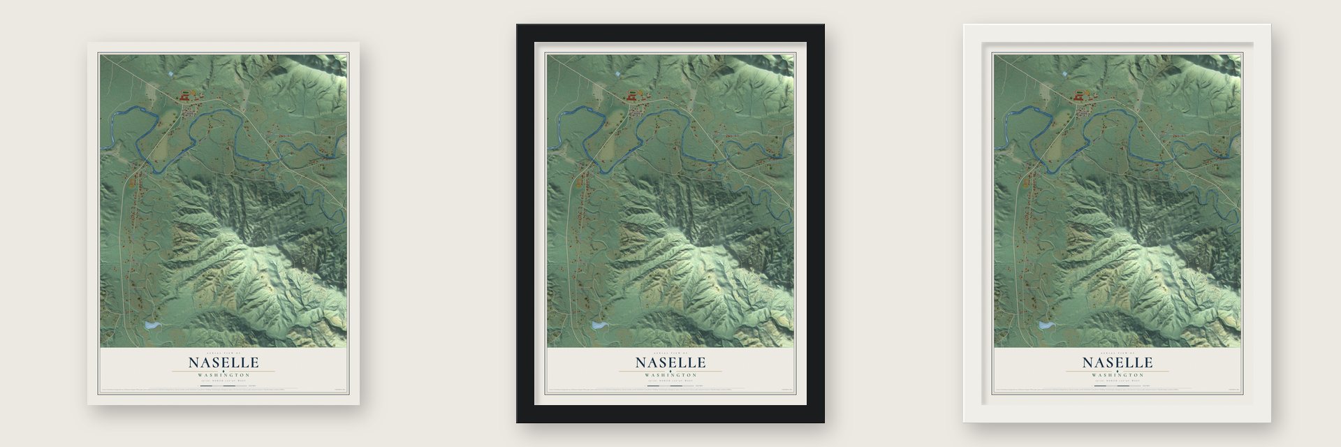 Naselle, Washington map unframed, in a black wood frame and in a white wood frame