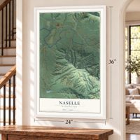 Naselle, Washington map, 24 x 36 inch print in a white frame by a staircase