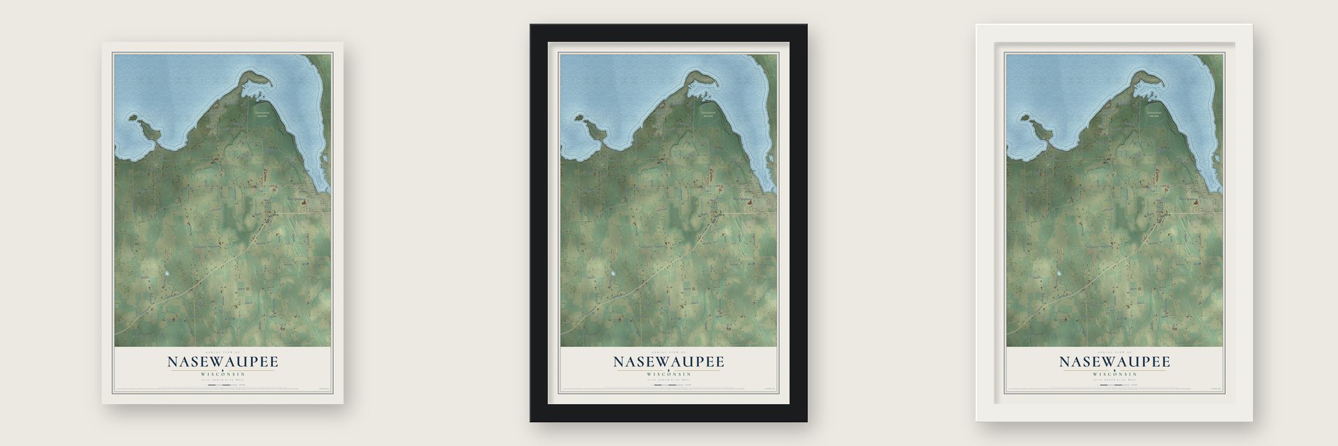 Nasewaupee, Wisconsin map unframed, in a black wood frame and in a white wood frame