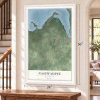 Nasewaupee, Wisconsin map, 24 x 36 inch print in a white frame by a staircase