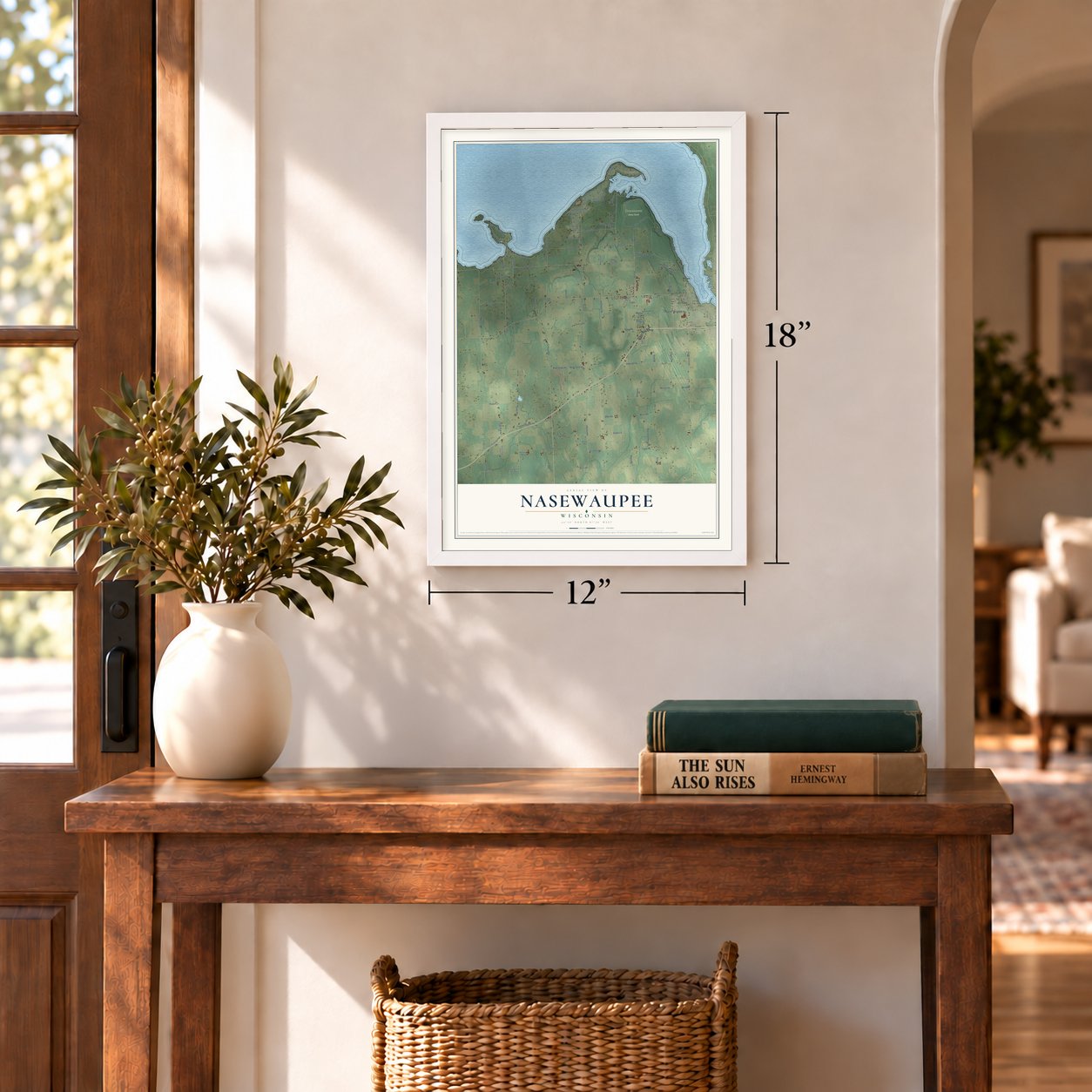 Nasewaupee, Wisconsin map, 12 x 18 inch print in a white frame in an entryway
