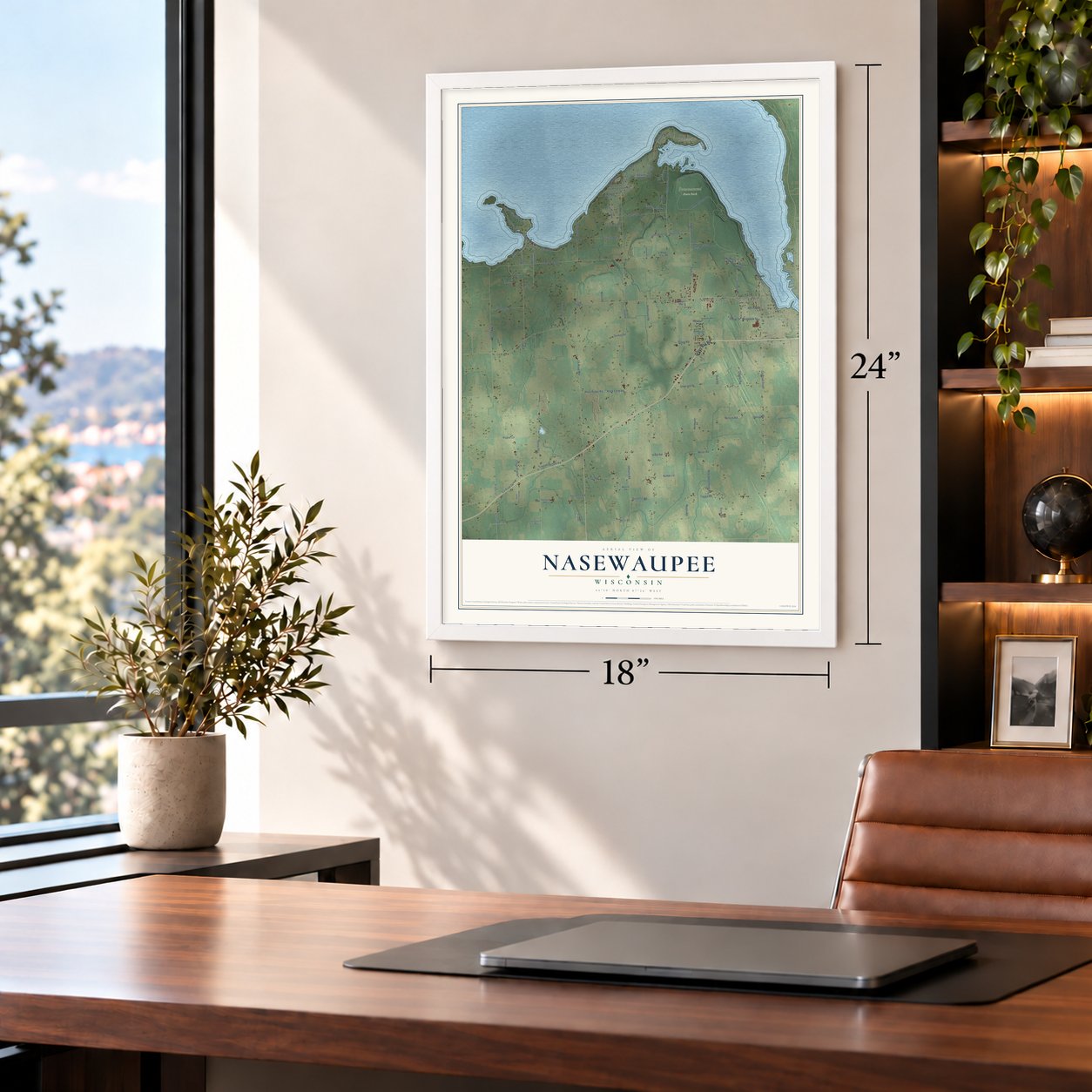 Nasewaupee, Wisconsin map, 18 x 24 inch print in a white frame in a home office