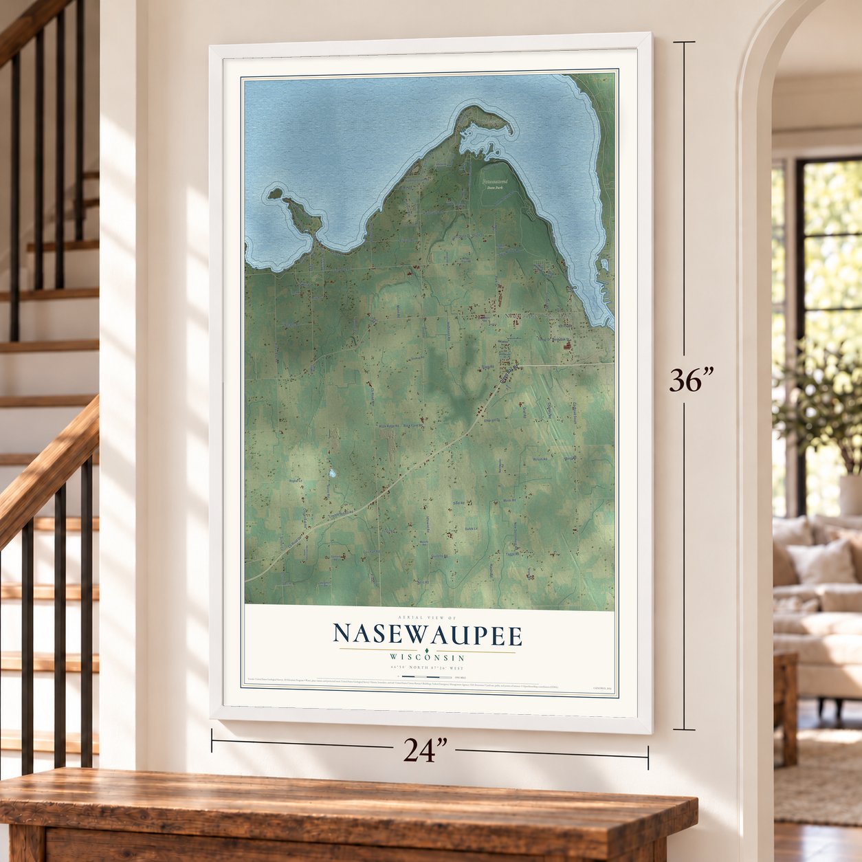 Nasewaupee, Wisconsin map, 24 x 36 inch print in a white frame by a staircase