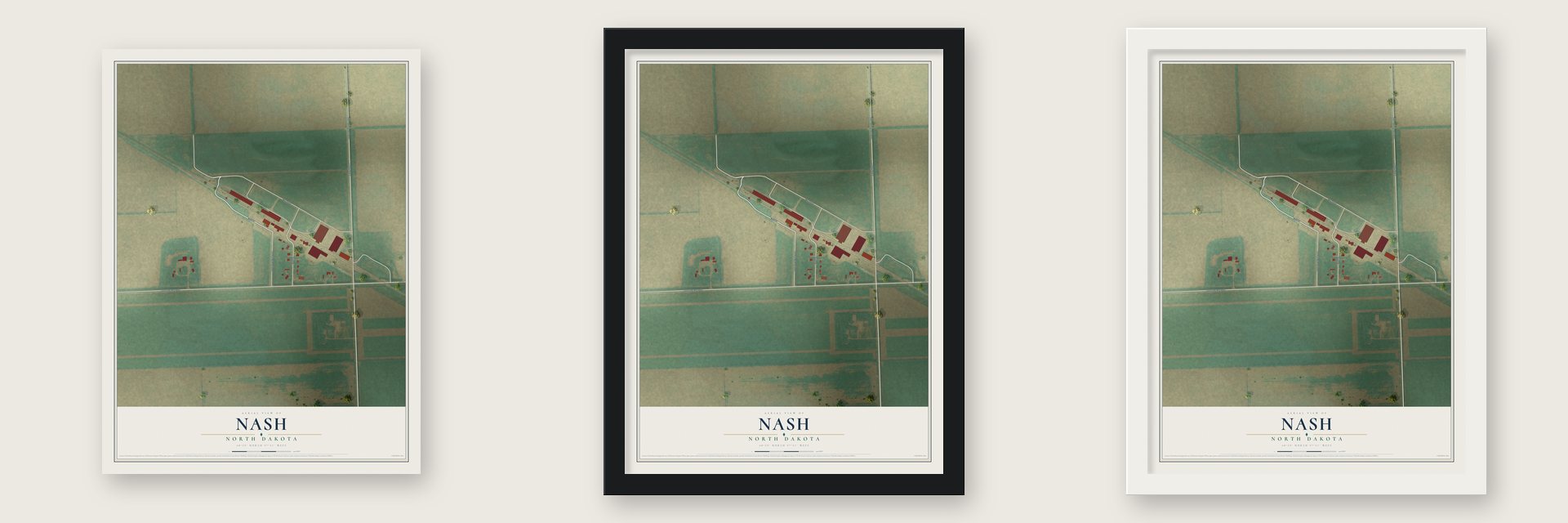 Nash, North Dakota map unframed, in a black wood frame and in a white wood frame