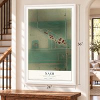 Nash, North Dakota map, 24 x 36 inch print in a white frame by a staircase