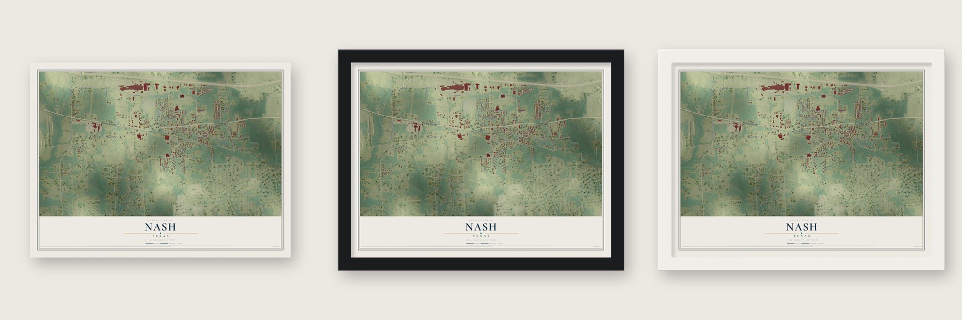 Nash, Texas map unframed, in a black wood frame and in a white wood frame