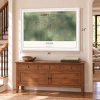 Nash, Texas map, 24 x 36 inch print in a white frame above a dresser by a staircase