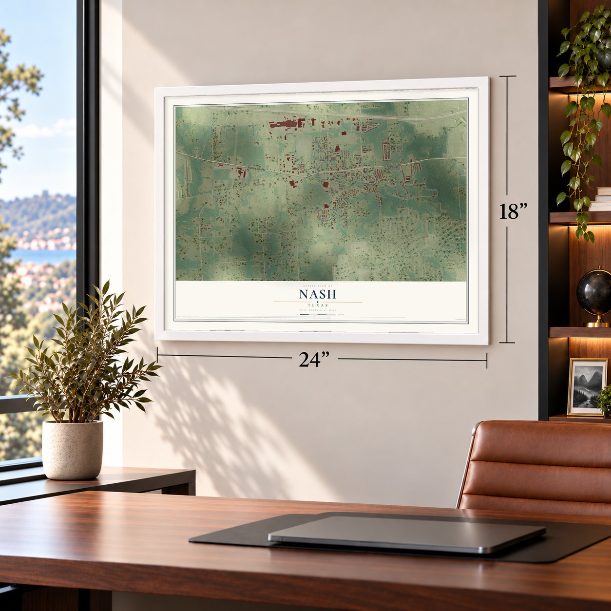 Nash, Texas map, 18 x 24 inch print in a white frame in a home office