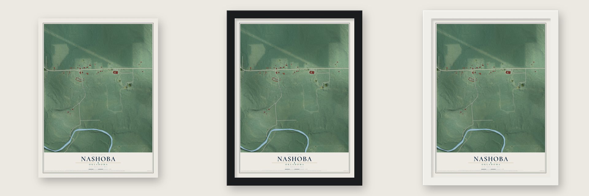 Nashoba, Oklahoma map unframed, in a black wood frame and in a white wood frame