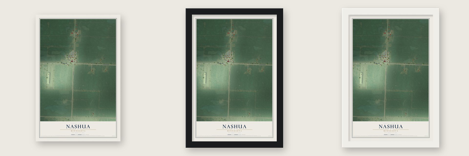 Nashua, Minnesota map unframed, in a black wood frame and in a white wood frame